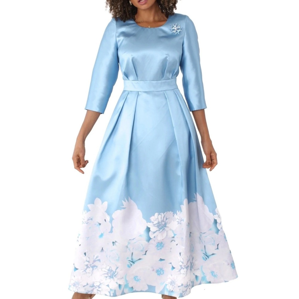 Tally Taylor Slate Blue Satin Floral Border Print Church Dress w/ Brooch Size 10
